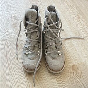 Cole Haan Taupe Suede Shearling Lace-Up Boots